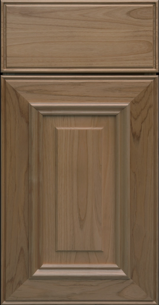 Custom Warm Gray Stain  Anderson Raised Panel Kitchen Cabinet Door and matching Slab Drawer Front.
